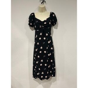 Hollister Black Floral Puff Sleeve Midi Dress Sweetheart Neckline Slit